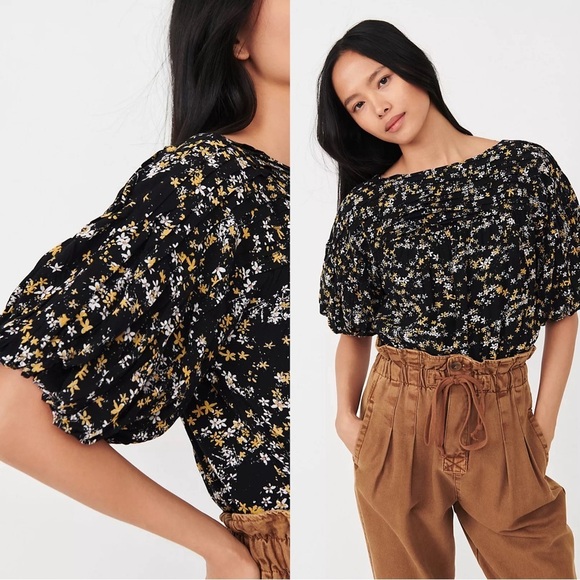 Free People • Dessa Bodysuit blouse black floral pleated yellow white flowers - Picture 4 of 16